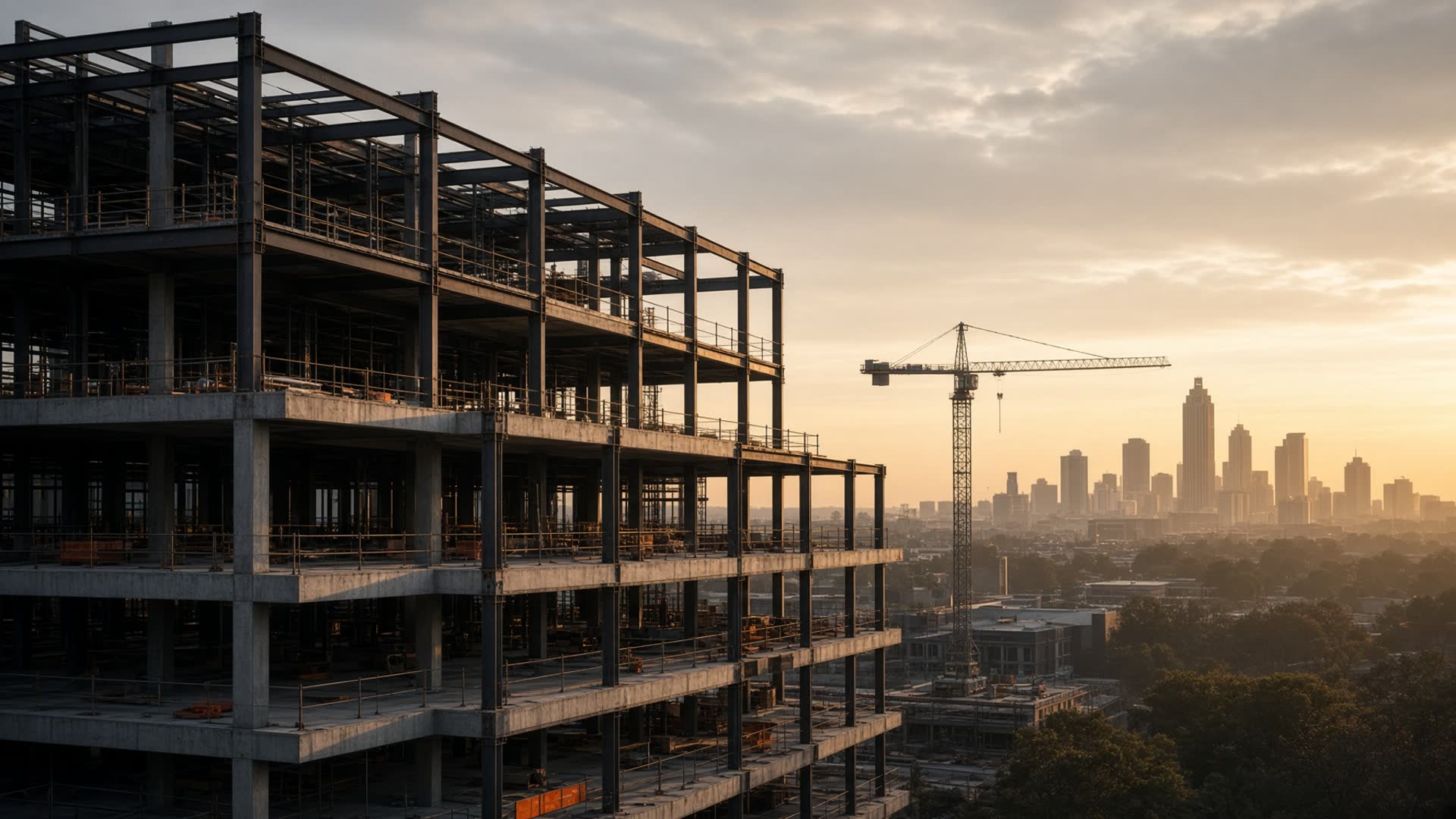 Steel frame of a commercial building under construction at dusk in Georgia